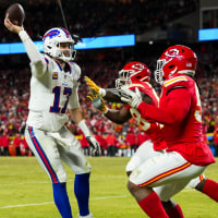 KANSAS CITY, MISSOURI - JANUARY 26: Quarterback Josh Allen #17 of the Buffalo Bills throws a pass under pressure during the second half of the AFC Championship game against the Kansas City Chiefs, at GEHA Field at Arrowhead Stadium on January 26, 2025 in Kansas City, Missouri. (Photo by Todd Rosenberg/Getty Images)